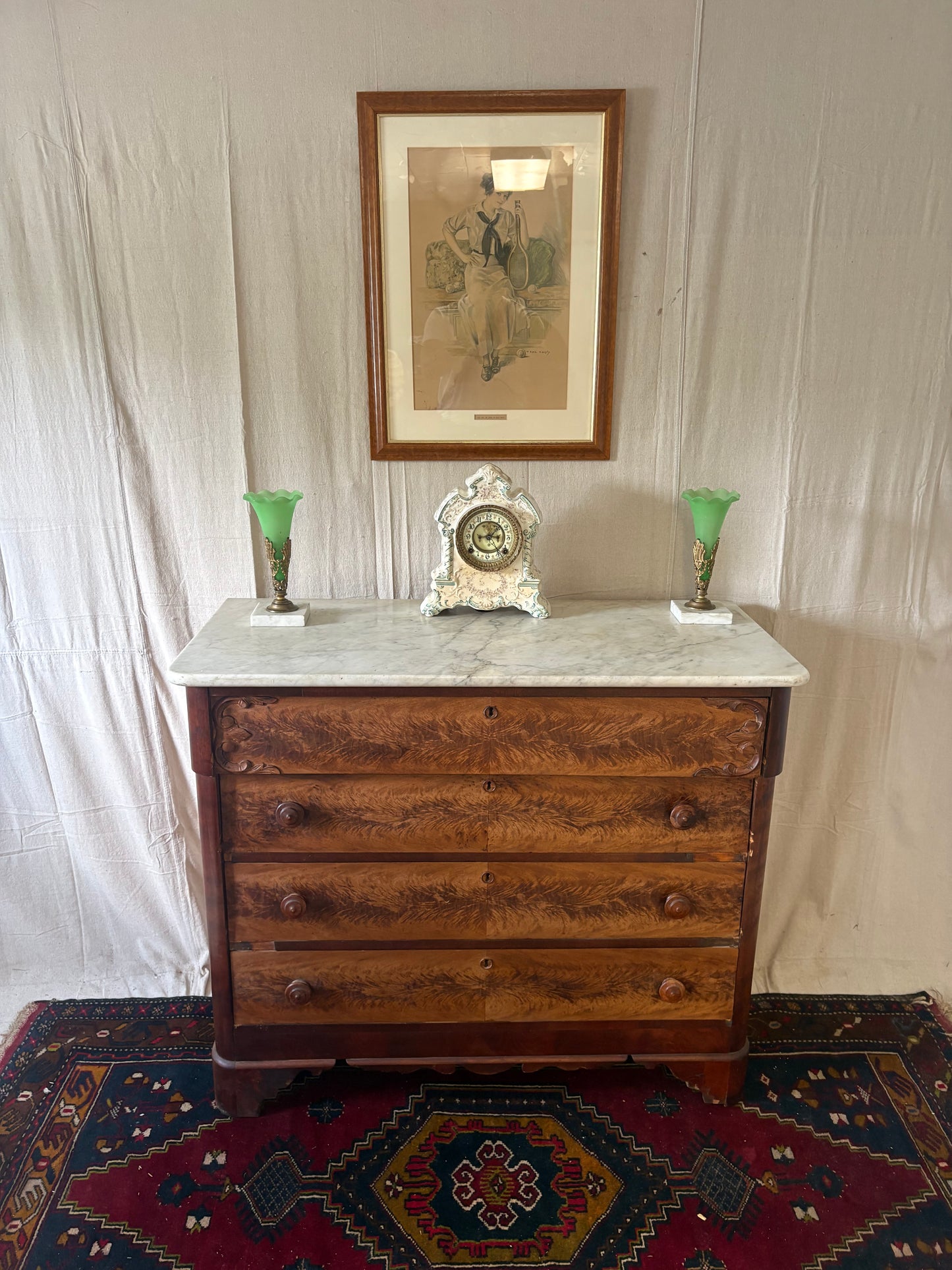 Fiddleback Maple Marble Top Dresser