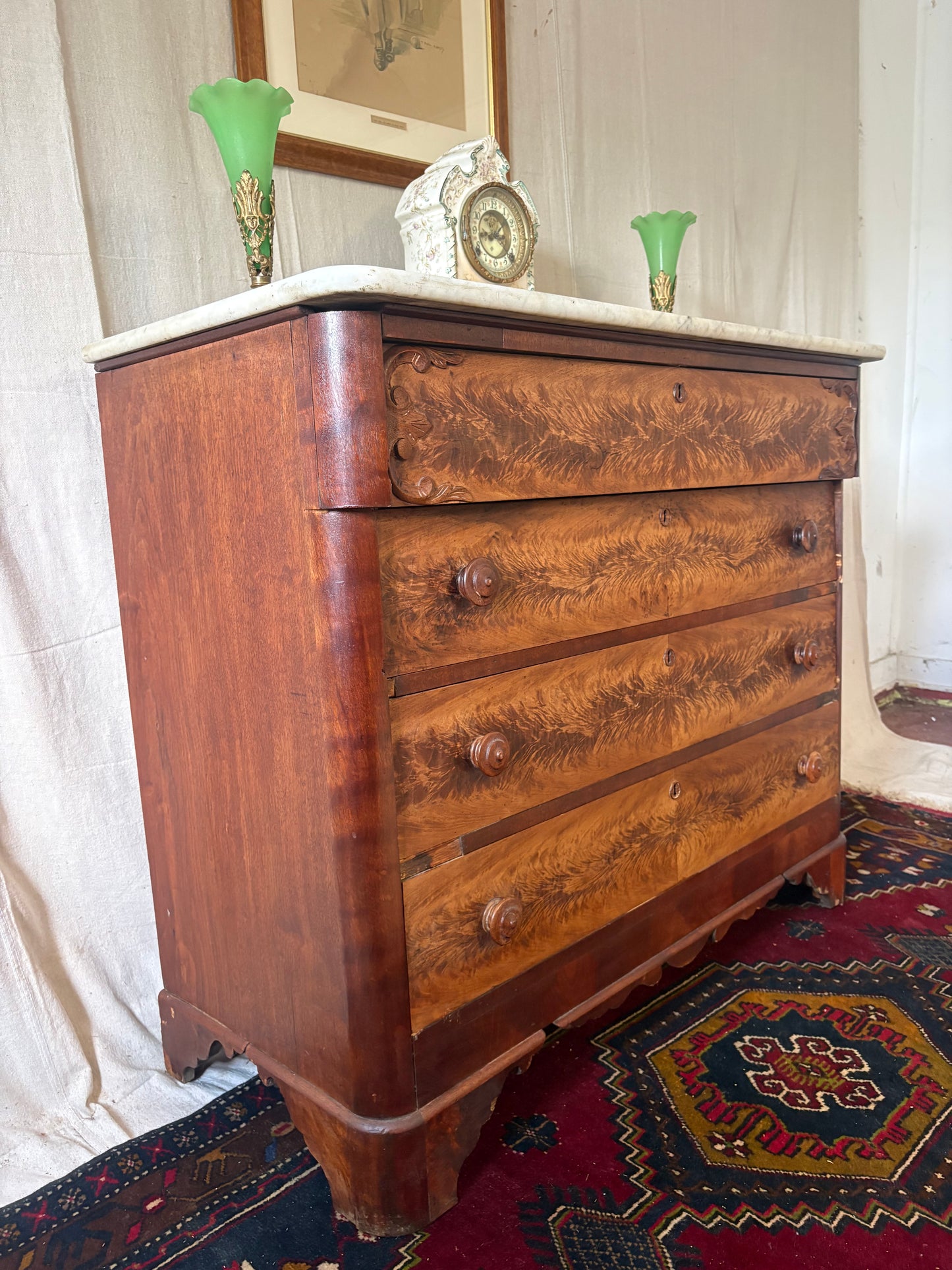 Fiddleback Maple Marble Top Dresser
