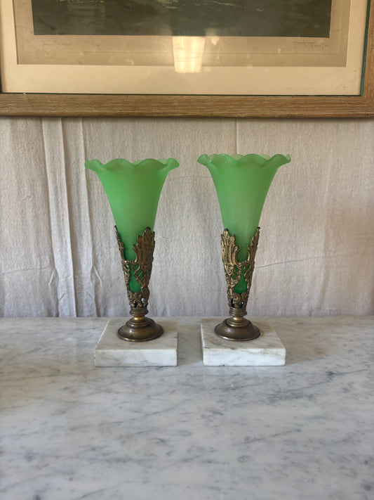 Pair of Green Opaline Glass Vases