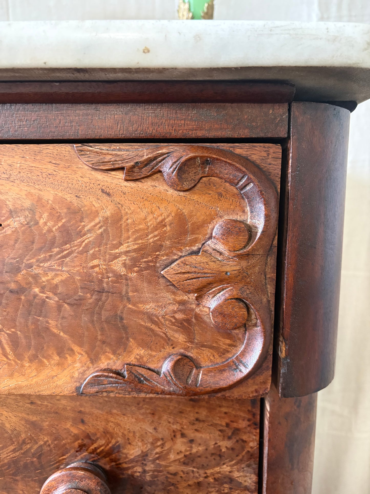 Fiddleback Maple Marble Top Dresser