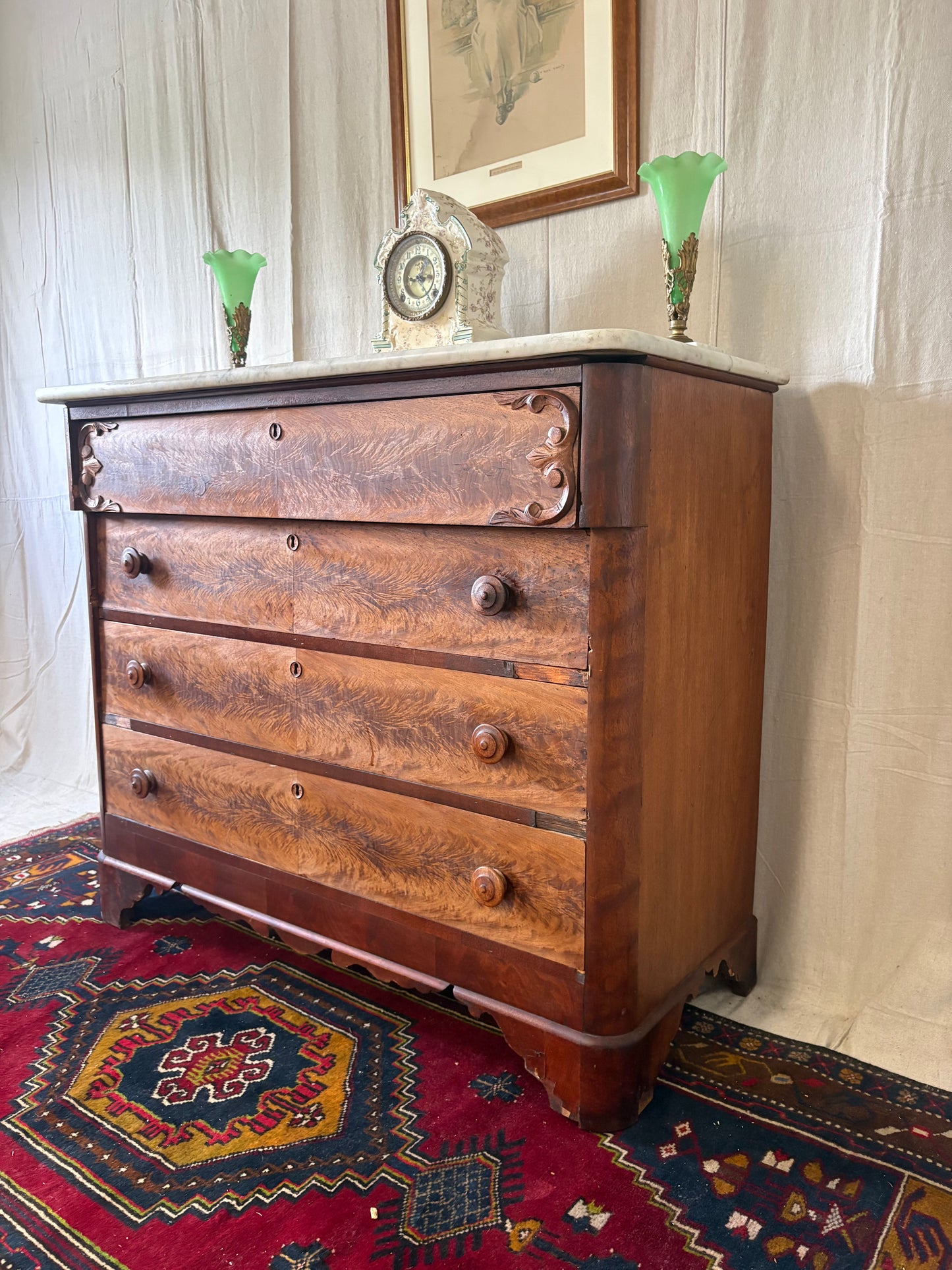 Fiddleback Maple Marble Top Dresser