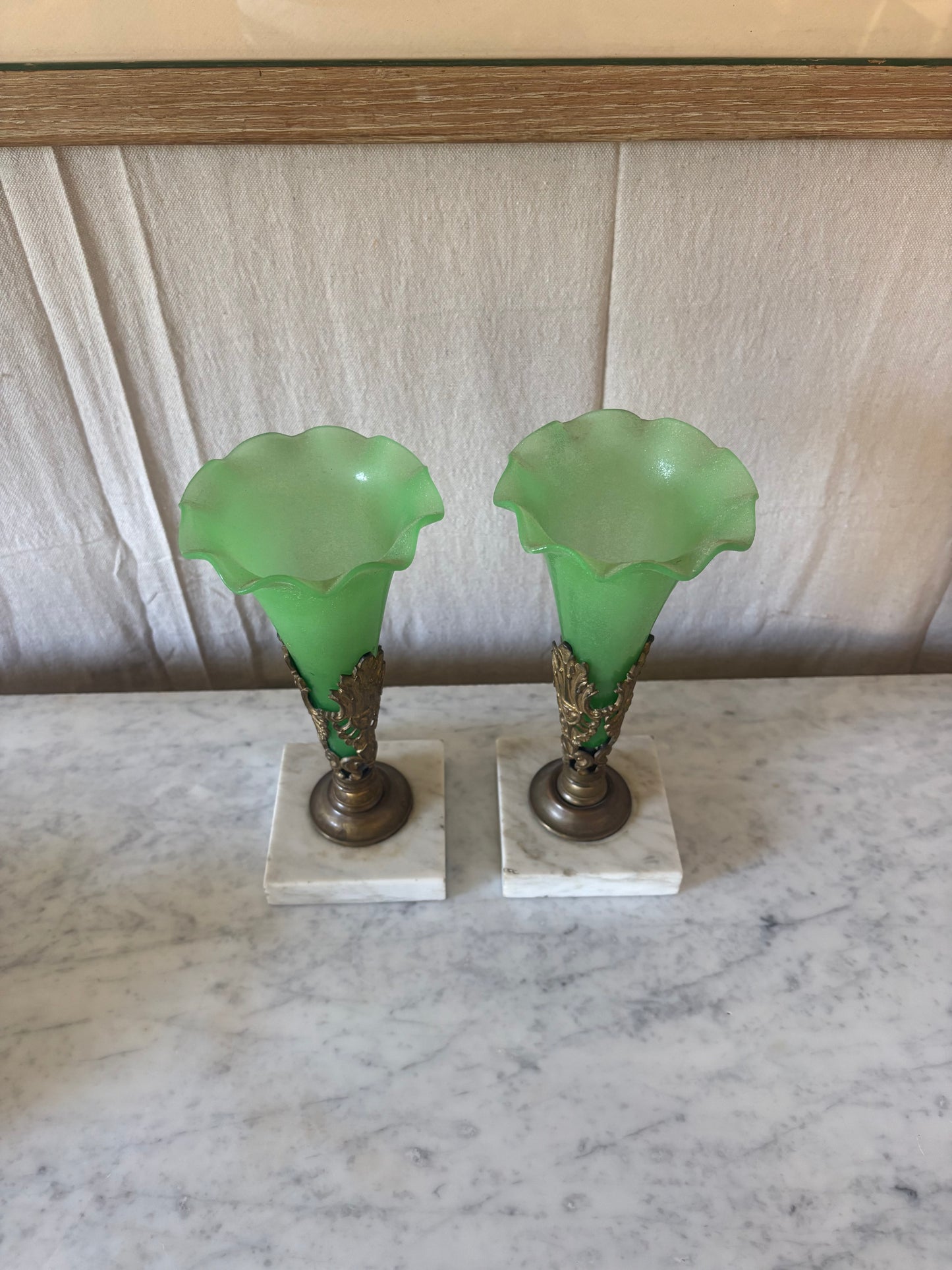 Pair of Green Opaline Glass Vases