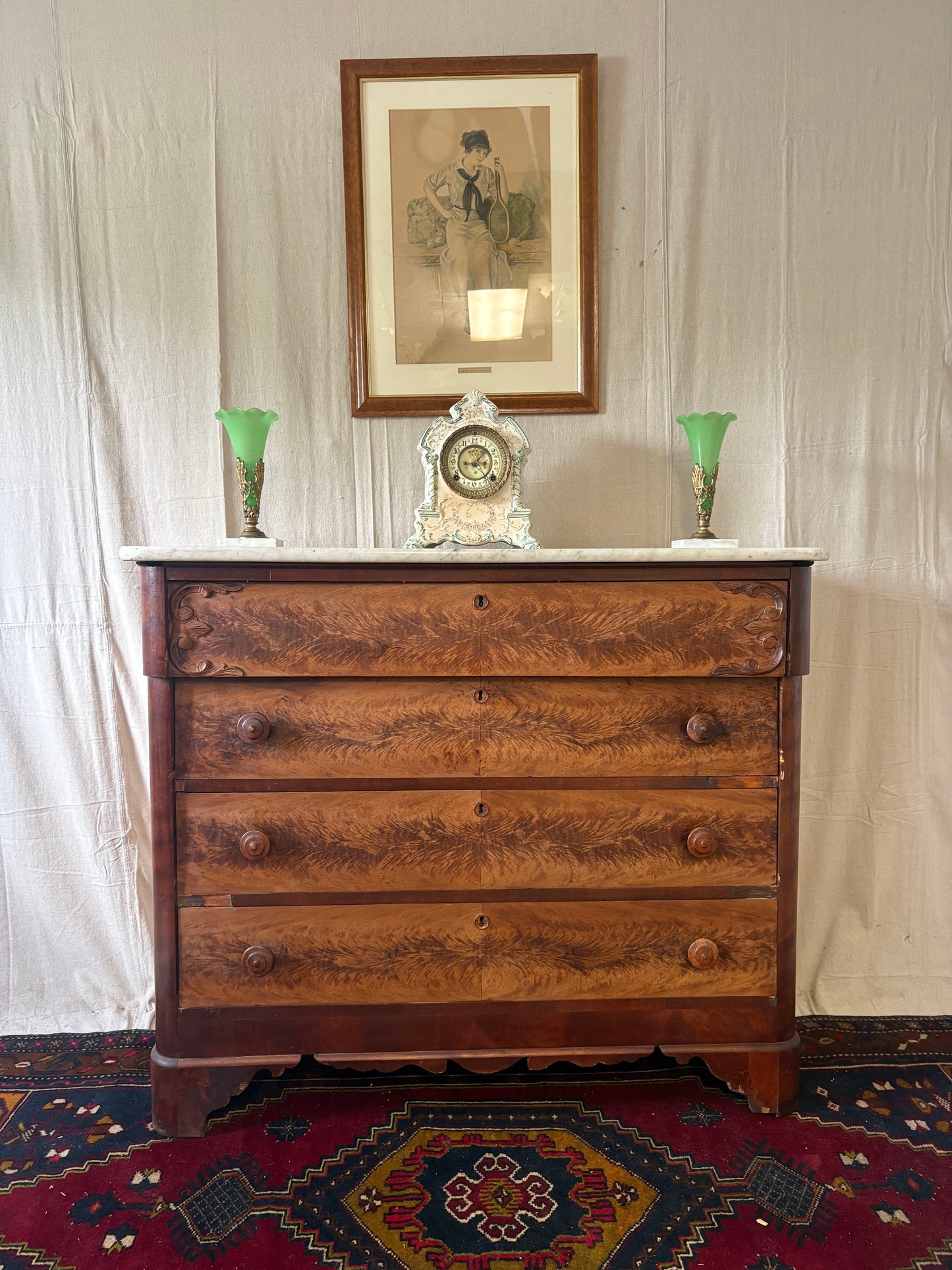 Fiddleback Maple Marble Top Dresser